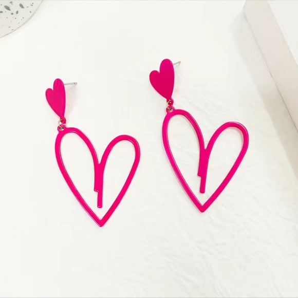 Hot Pink Matte Double Heart Earrings Drop Dangle Cutout Hearts Nwt - Picture 4 of 8